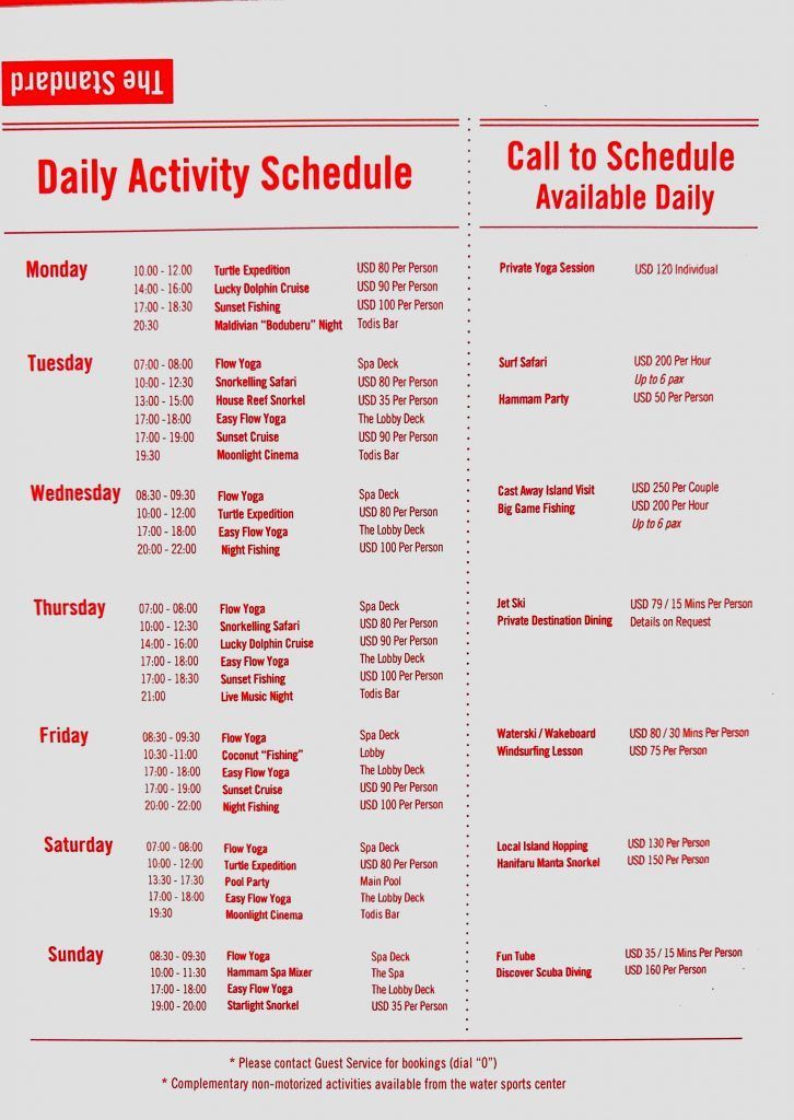 Actividades Resort Standard Maldivas